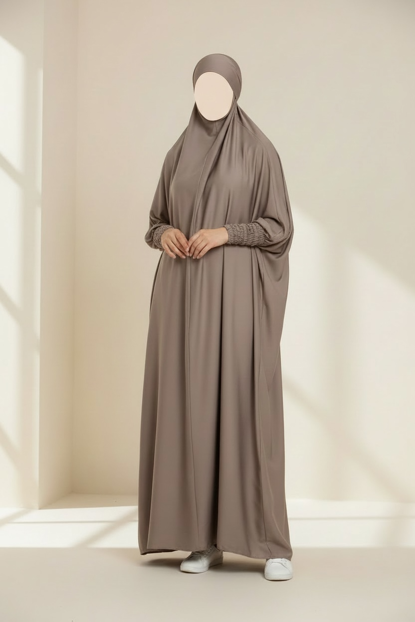 Zainab abaya- Women's Velvet Satin One Piece Jilbab with Rouched Sleeves Prayer Outfit 176cm Luxurious Fabric Batwing Cut One Size Fit