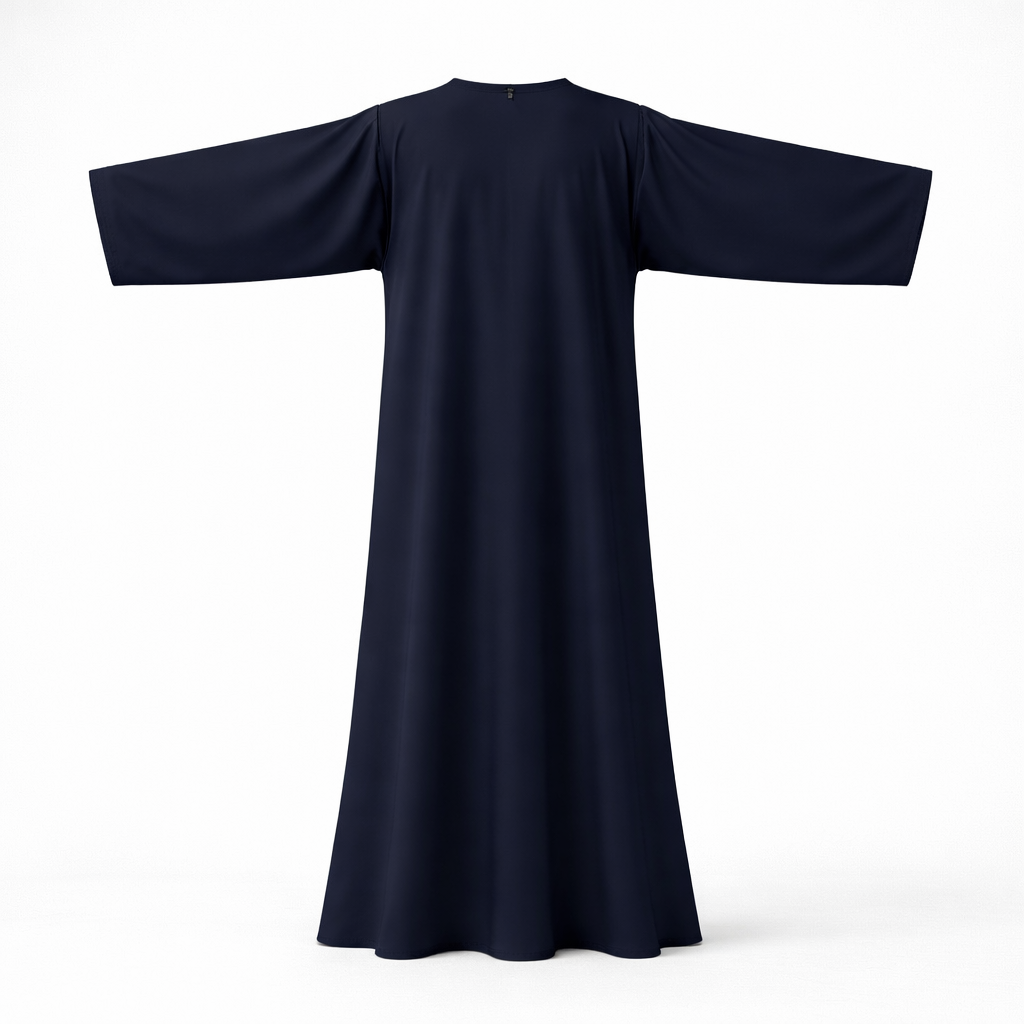 Navy abaya closed with wide sleeves on a white background