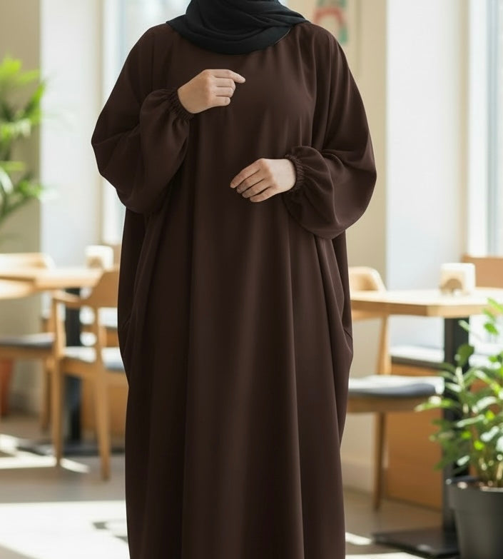 Fatima abaya- Everyday Classic Batwing Abaya in Premium Nidha Fabric with Elasticated Cuffs & Hidden Neck Zipper for Comfortable Everyday Wear