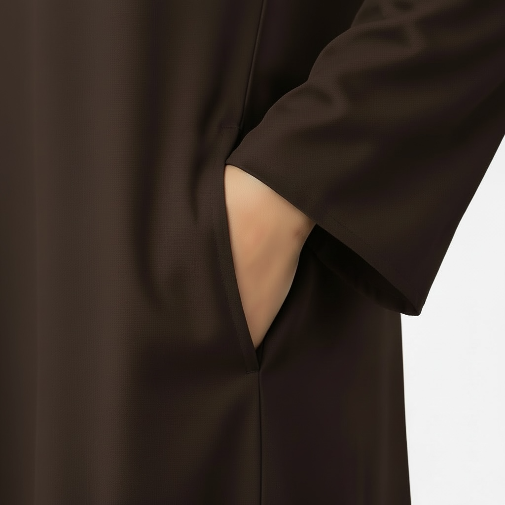 Brown coat with a visible arm and hand on a white background