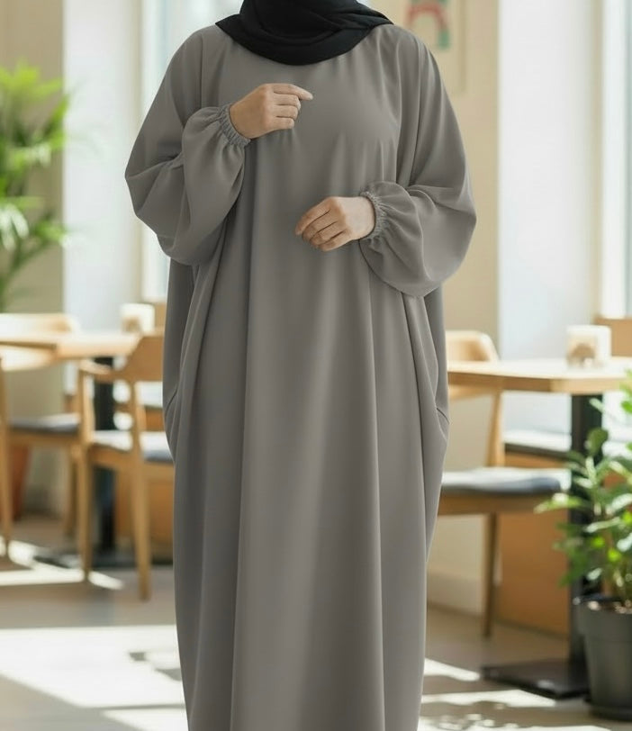 Fatima abaya- Everyday Classic Batwing Abaya in Premium Nidha Fabric with Elasticated Cuffs & Hidden Neck Zipper for Comfortable Everyday Wear