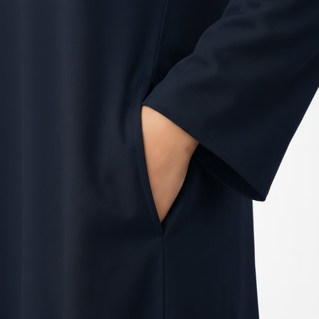 Navy blue abaya with a close-up of the sleeve on a white background