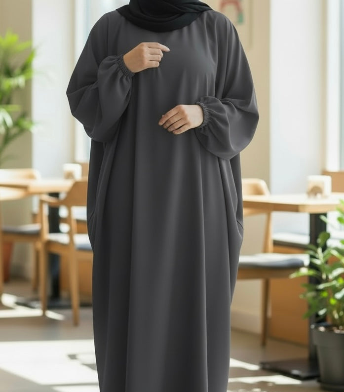 Fatima abaya- Everyday Classic Batwing Abaya in Premium Nidha Fabric with Elasticated Cuffs & Hidden Neck Zipper for Comfortable Everyday Wear