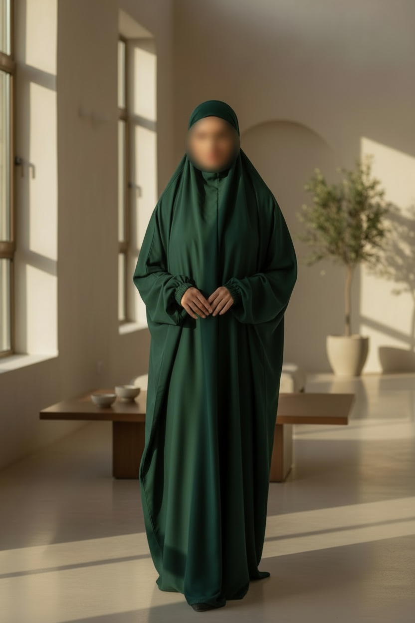 Safina abaya- One piece Jilbab with matching Niqab- Elasticated sleeves, One- Piece prayer outfit- sizes 52-60