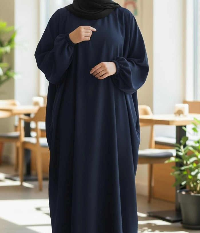 Fatima abaya- Everyday Classic Batwing Abaya in Premium Nidha Fabric with Elasticated Cuffs & Hidden Neck Zipper for Comfortable Everyday Wear