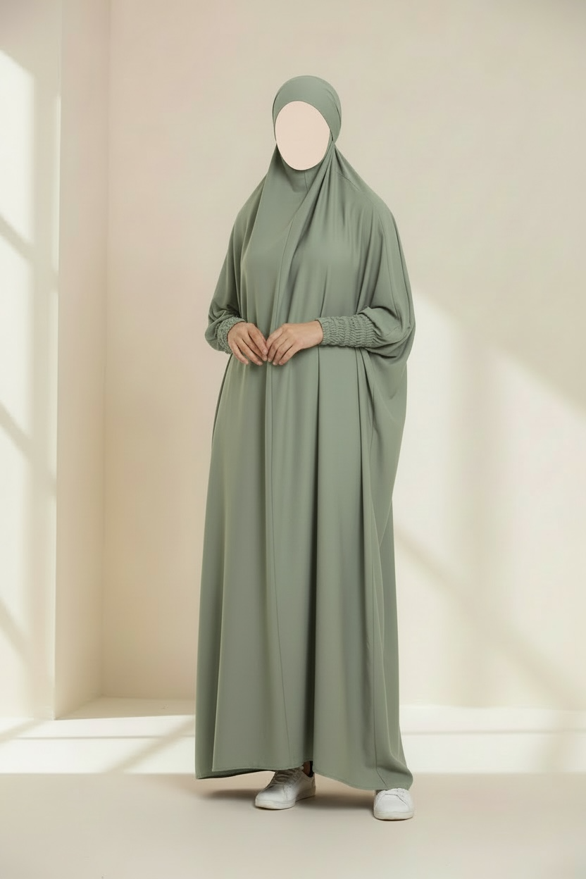 Zainab abaya- Women's Velvet Satin One Piece Jilbab with Rouched Sleeves Prayer Outfit 176cm Luxurious Fabric Batwing Cut One Size Fit