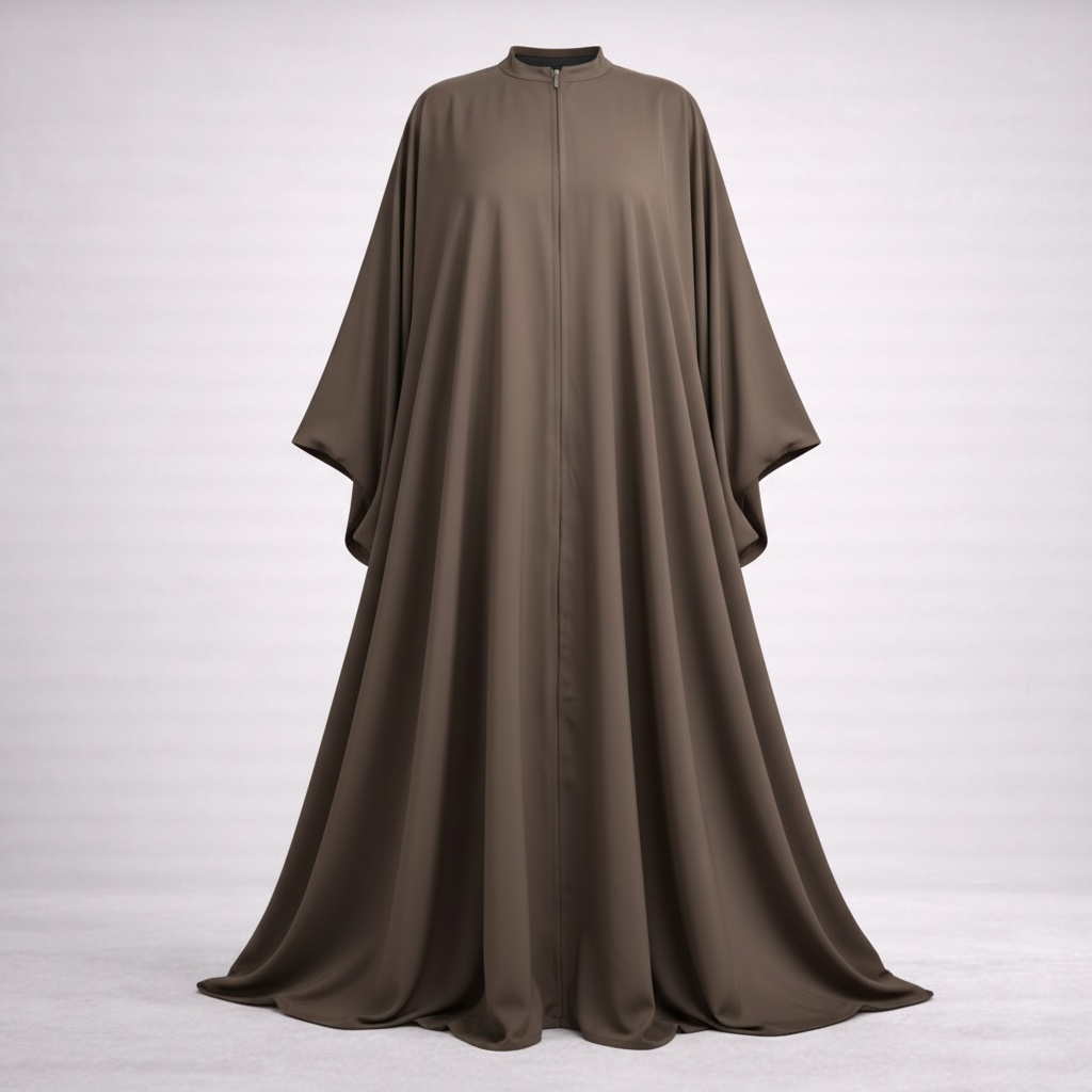 taupe long abaya with batwing-like sleeves on a white background