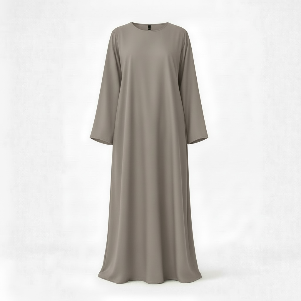 grey Long closed abaya dress on a white background