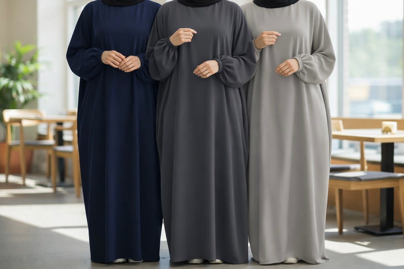 Fatima abaya- Everyday Classic Batwing Abaya in Premium Nidha Fabric with Elasticated Cuffs & Hidden Neck Zipper for Comfortable Everyday Wear