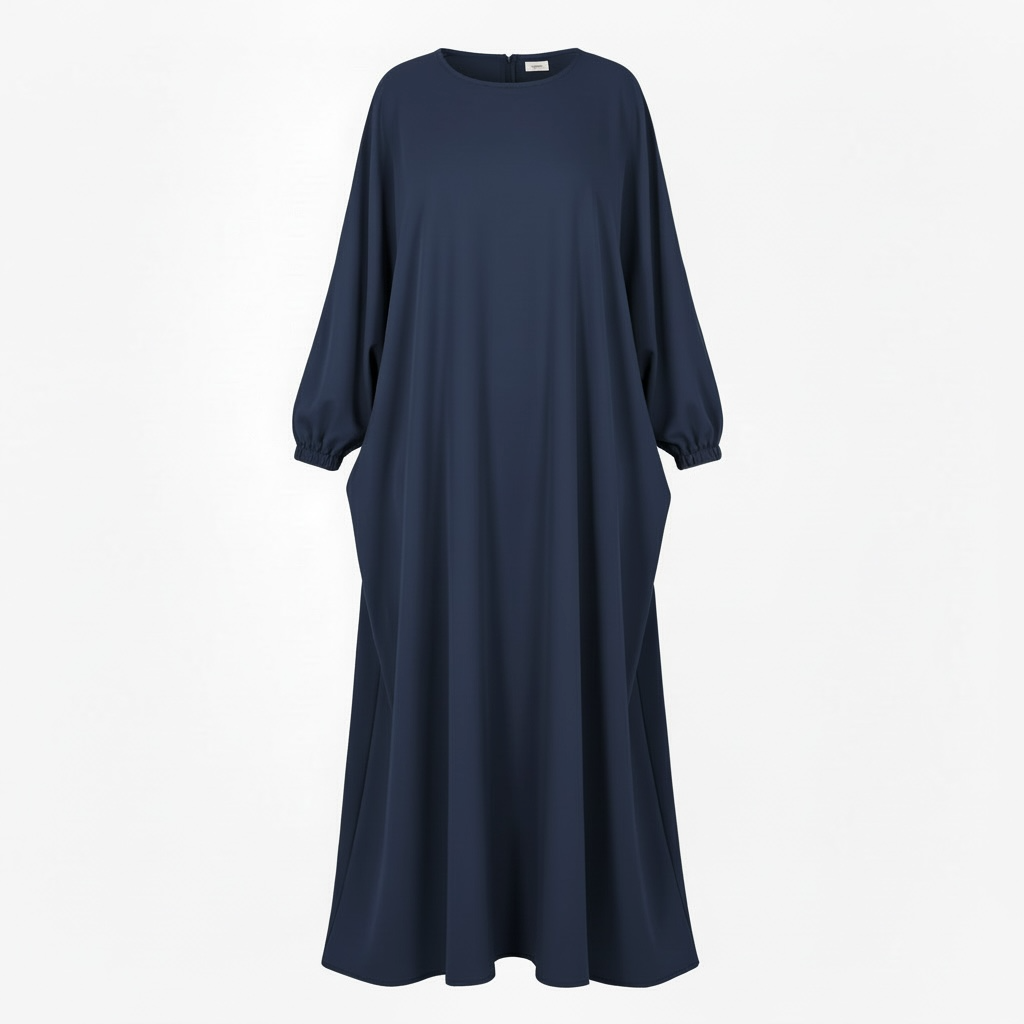 Navy blue dress with cuff sleeves on a white background