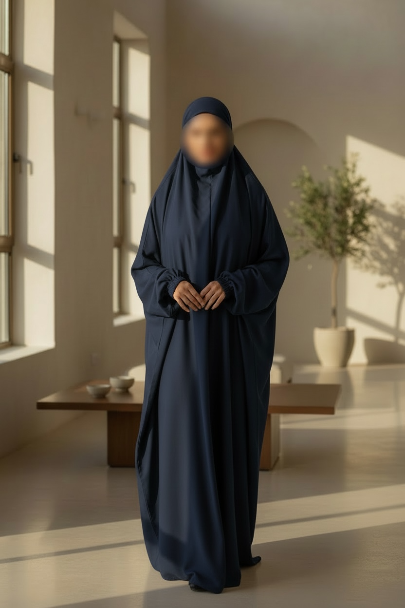 Safina abaya- One piece Jilbab with matching Niqab- Elasticated sleeves, One- Piece prayer outfit- sizes 52-60