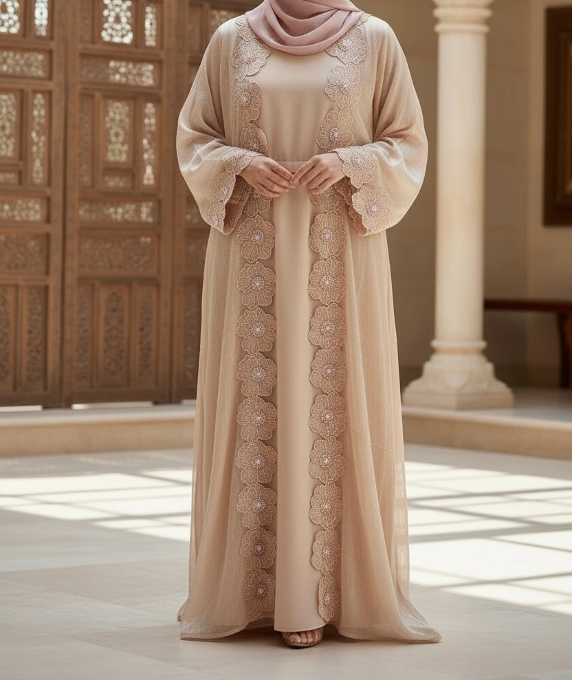 Warda Abaya- Luxury flower lace organza abaya set