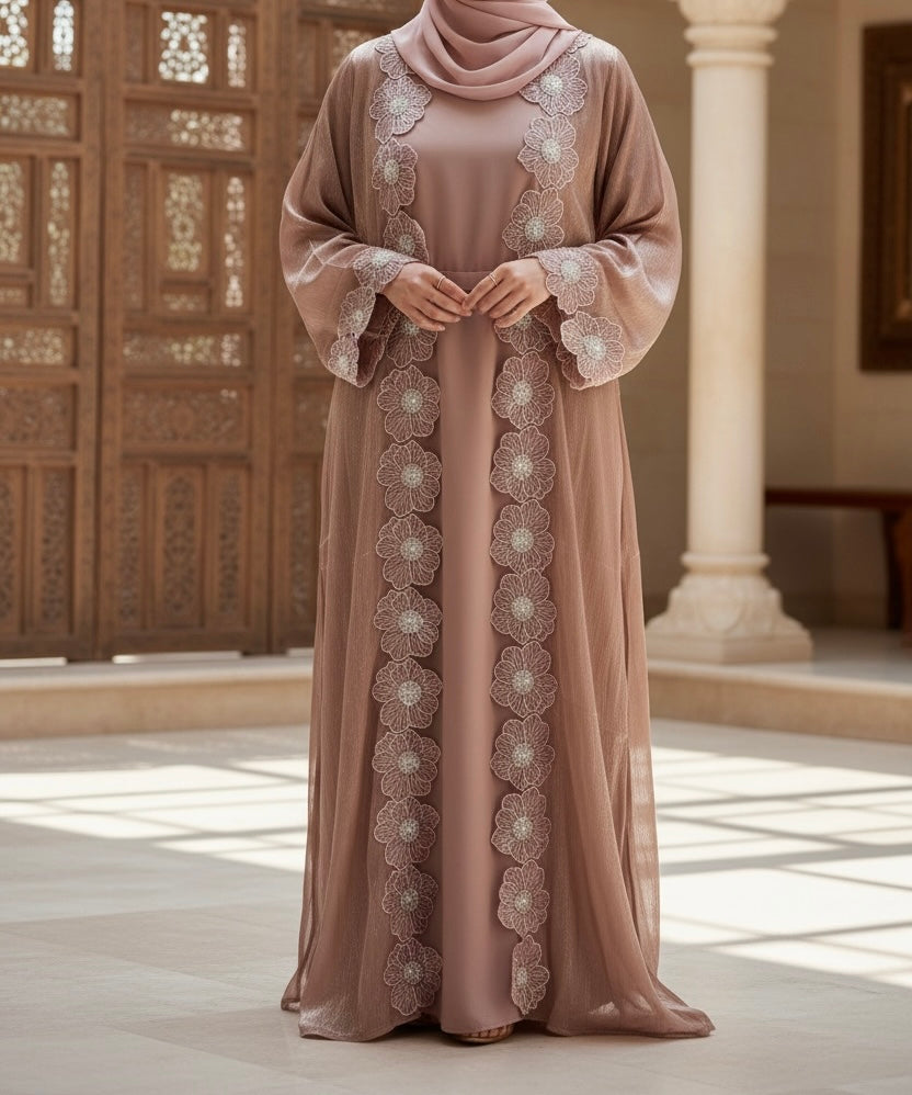 Warda Abaya- Luxury flower lace organza abaya set