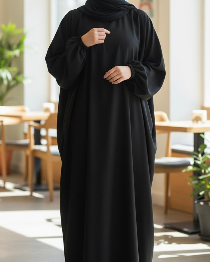 Fatima abaya- Everyday Classic Batwing Abaya in Premium Nidha Fabric with Elasticated Cuffs & Hidden Neck Zipper for Comfortable Everyday Wear