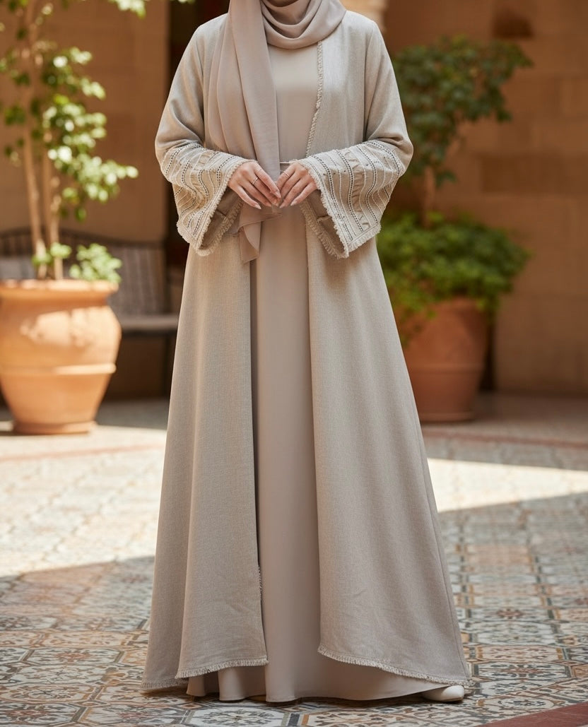 Isra abaya- Luxury hand beaded linen abaya set