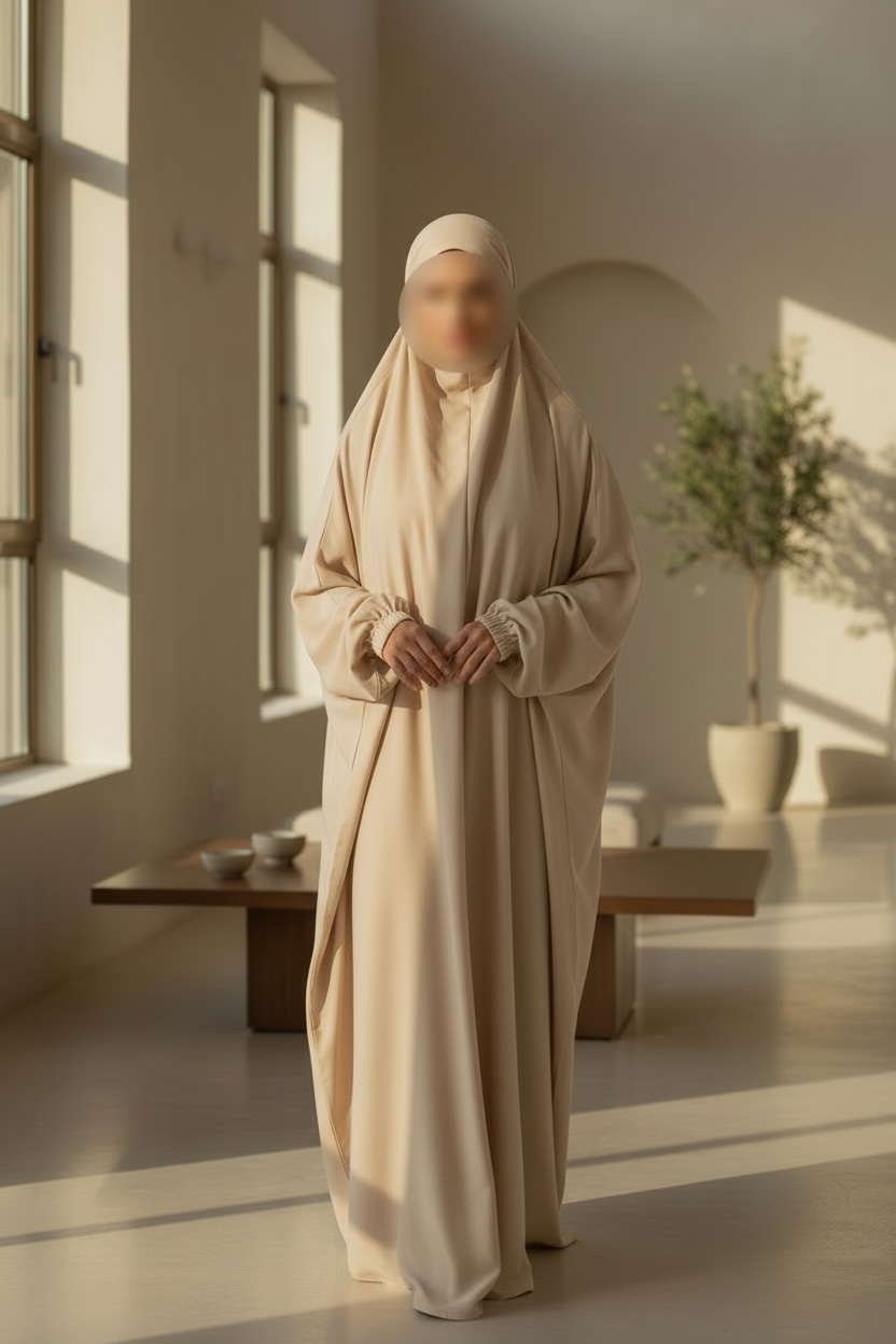 Safina abaya- One piece Jilbab with matching Niqab- Elasticated sleeves, One- Piece prayer outfit- sizes 52-60