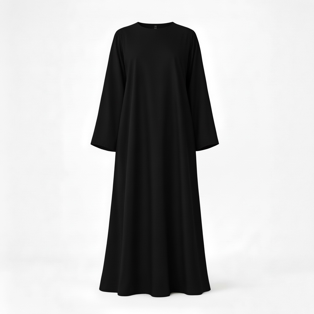 long black closed abaya on white background