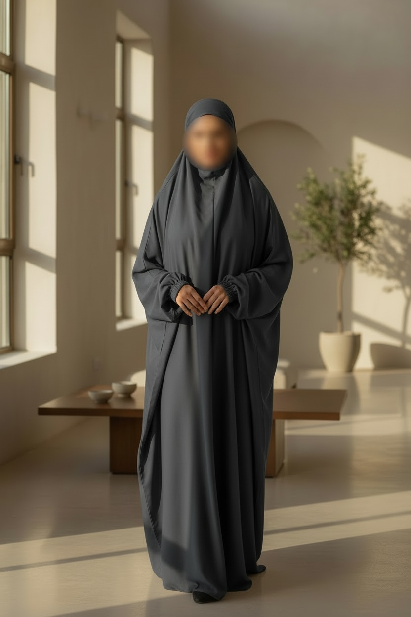 Safina abaya- One piece Jilbab with matching Niqab- Elasticated sleeves, One- Piece prayer outfit- sizes 52-60