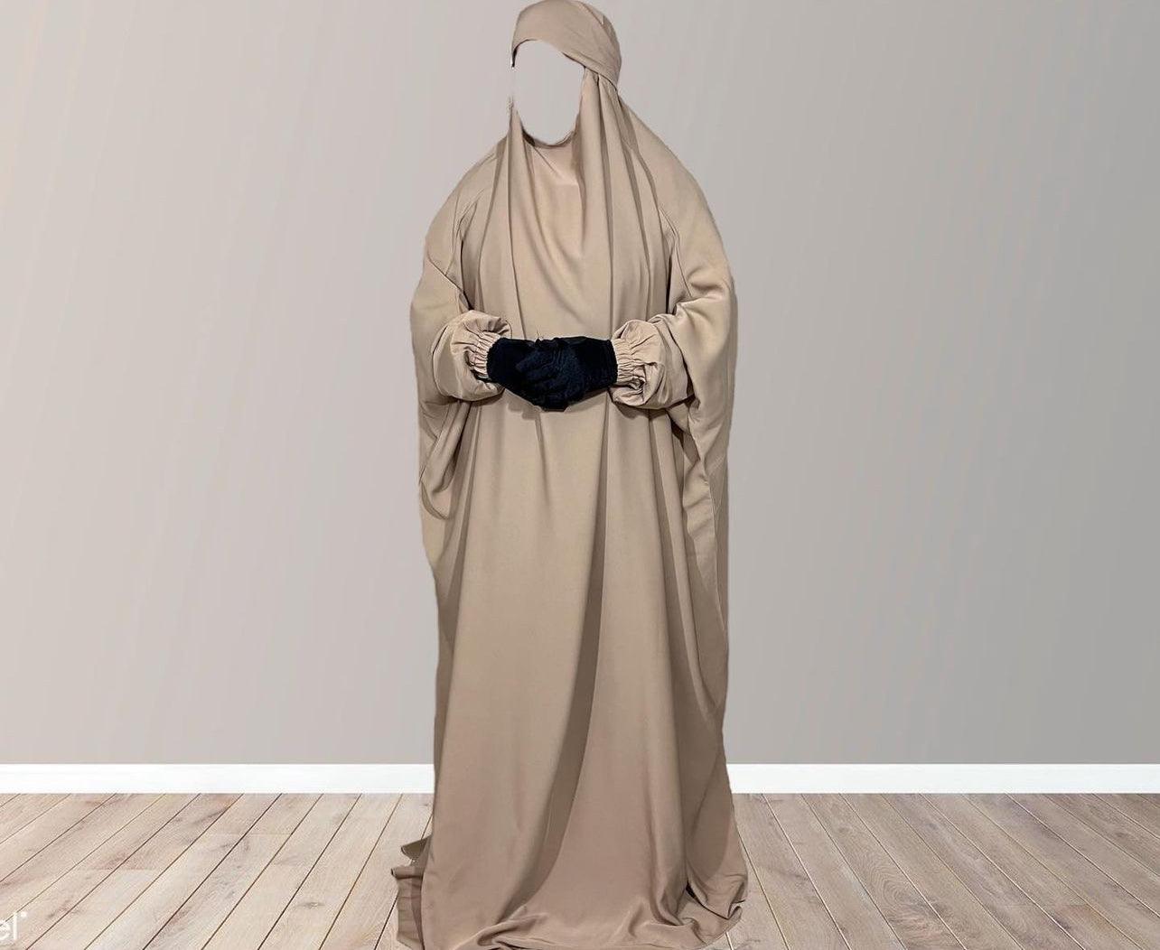 Beige Jilbab with niqab, one piece jilbab for Muslim women modest Islamic dresses, abaya with niqab set, long jilbab dress with face cover, comfortable loose fitting.