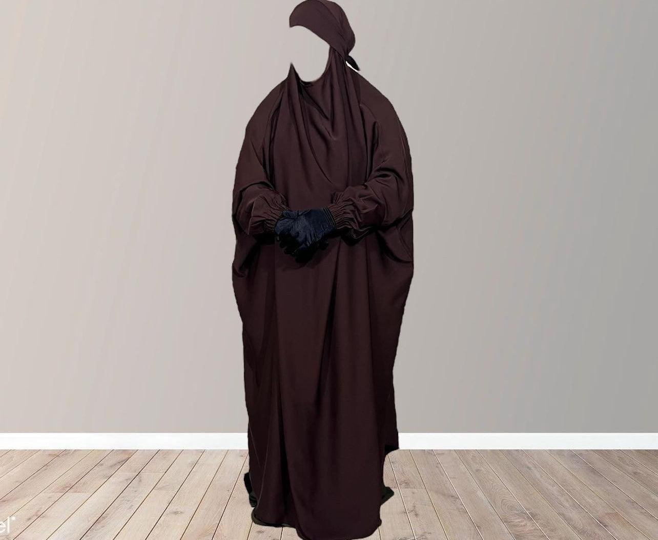 brown Jilbab with niqab, one piece jilbab for Muslim women modest Islamic dresses, abaya with niqab set, long jilbab dress with face cover, comfortable loose fitting.