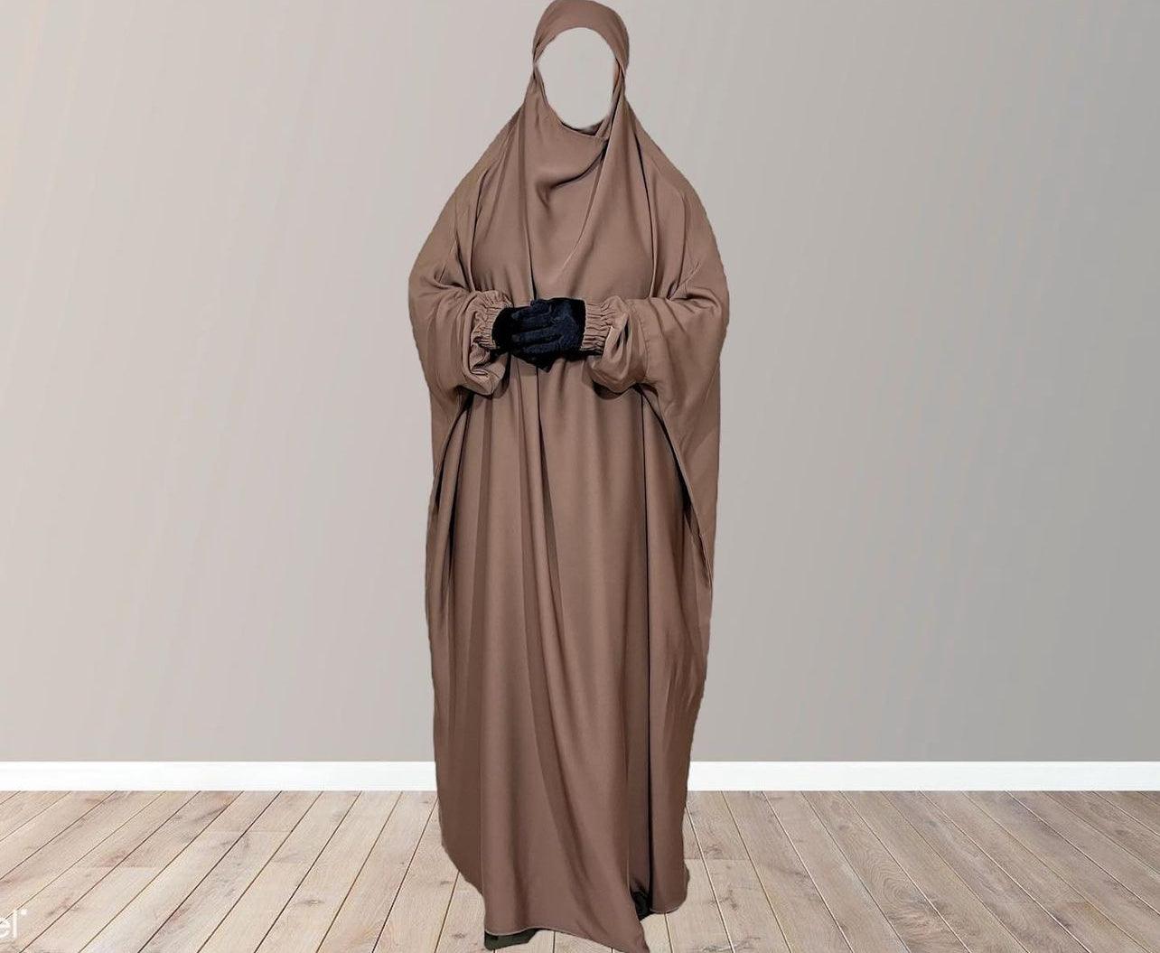light brown Jilbab with niqab, one piece jilbab for Muslim women modest Islamic dresses, abaya with niqab set, long jilbab dress with face cover, comfortable loose fitting.