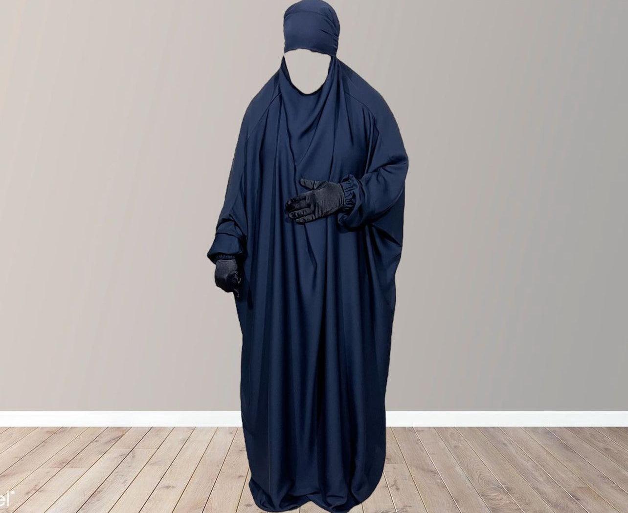 Navy Jilbab with niqab, one piece jilbab for Muslim women modest Islamic dresses, abaya with niqab set, long jilbab dress with face cover, comfortable loose fitting.